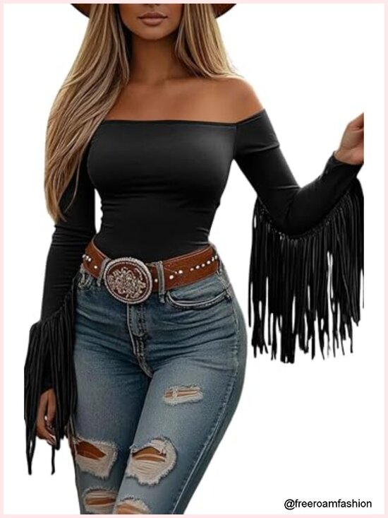 Tops - Off Shoulder Fringe Tops Women Western Cowgirl Stretchy Long Sleeve Tassel Y2K